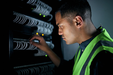 Image showing Technician man, server room and inspection for cables, thinking and focus for analysis, night and programming. Information technology engineer, maintenance and database with problem solving mindset