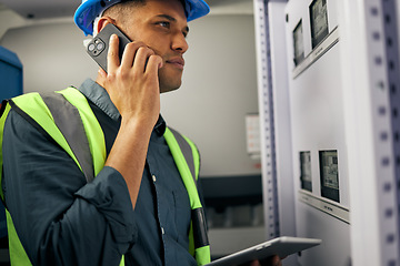 Image showing Phone call, man and engineering in control room or technician with switchboard, power box or maintenance on generator. Electrician, construction worker and check on inverter, server and advice