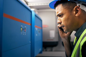 Image showing Phone call, man and check with engineer on power box, control room or technician with switchboard or maintenance on generator. Electrician, construction worker and advice on inverter or server