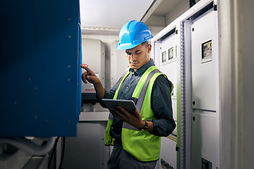 Image showing Electrician, tablet and technician with man in control room for inspection, quality assurance and energy. Electricity, safety and industrial with handyman for maintenance, mechanic check or power box