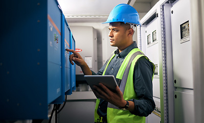 Image showing Electrician, tablet and man, control room and inspection, maintenance check with power supply and engineering. Electricity, industrial and male technician, digital assessment and quality assurance