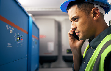 Image showing Phone call, man and technician working in control room or engineering service on switchboard, power box or maintenance on generator. Electrician, construction worker and check on inverter and advice