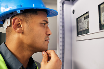 Image showing Electrician, thinking and technician with man in control room for inspection, quality assurance and energy. Electricity, safety and industrial with handyman for maintenance, check and power box