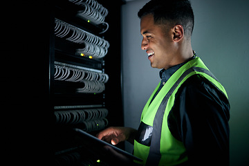 Image showing Technician man, check and tablet in server room inspection, thinking or smile for analysis, night or programming. Information technology engineer, touchscreen or database with problem solving mindset