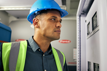 Image showing Electrician, engineering and technician with man in control room for inspection, quality assurance and energy. Electricity, safety and industrial with handyman for maintenance, check and power box