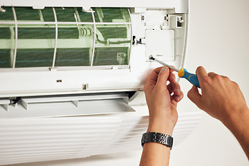 Image showing Maintenance, air conditioner and hands of man with screwdriver for problem solving on machine. Aircon, ac repair and handyman service with technician, electrician or contractor working on ventilation