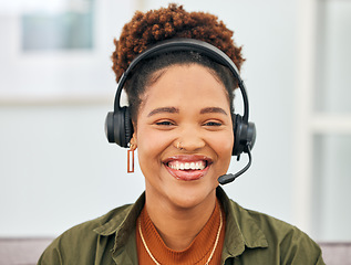 Image showing Call center, black woman and portrait of telemarketing agent smile with microphone in customer service, web support or CRM. Face of happy female sales consultant for telecom questions, FAQ or contact