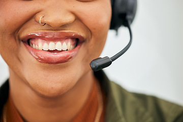 Image showing Call center, woman mouth and smile of telemarketing agent with microphone for customer service, web support or CRM. Closeup face of happy female sales consultant for telecom questions, FAQ or contact