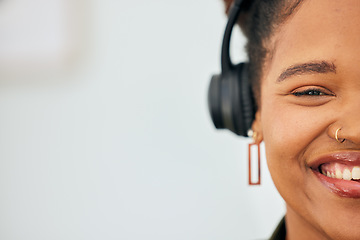 Image showing Mockup, portrait and face of a woman with headphones for music, advertising podcast or streaming radio. Happy, space and half face of a girl with a smile while listening or streaming sound or audio