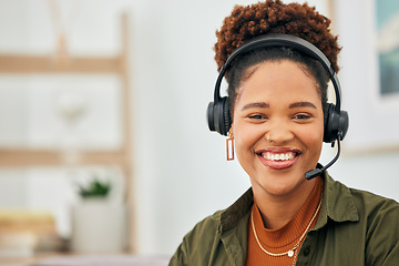 Image showing Call center, happy black woman and portrait of telemarketing agent with microphone for customer support, CRM advisory or help. Face of female sales consultant for telecom questions, FAQ or contact us