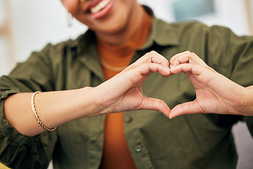 Image showing Woman, heart and hands closeup for care, kindness and emoji for charity, peace and wellness. Happy female person with finger shape for self love, thank you and trust of hope, support sign and icon