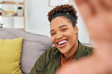 Image showing Portrait, happy black woman and selfie in home for fun while live streaming vlog in living room. Face of female gen z, profile picture and smile for memory on social media, content creation and relax