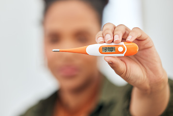 Image showing Fever, check temperature and woman with thermometer for flu, cold and and sick at home. Healthcare, medical testing and closeup of female person with measuring tool for virus, infection and illness