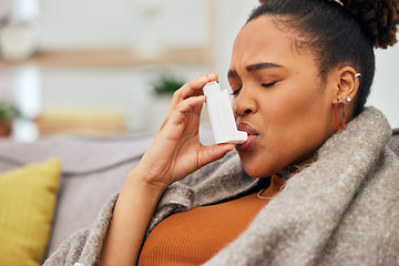 Image showing Asthma pump, sick woman and breathe in health, medical cure or cough treatment of allergy problem. Face of African female person with oxygen inhaler for lungs, emergency medicine or help allergies