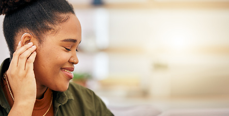 Image showing Deaf, hearing aid and disabled woman connect healthcare tech, communication and health insurance. Medical, listening device or ear piece, young professional face with focus, help or success with tech