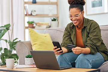 Image showing Happy black woman, credit card and online shopping on smartphone for digital payment, fintech account or finance at home. Female person, mobile banking and app for cash, ecommerce technology or money