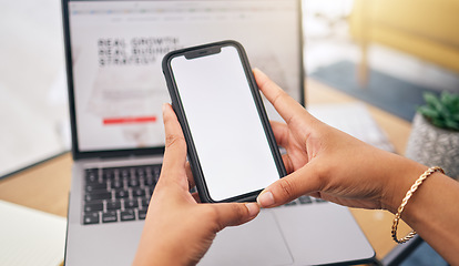 Image showing Hands, phone and mockup with a woman in her home for research, communication or remote work as a freelance employee. Mobile, networking or ecommerce with a female entrepreneur working in a house