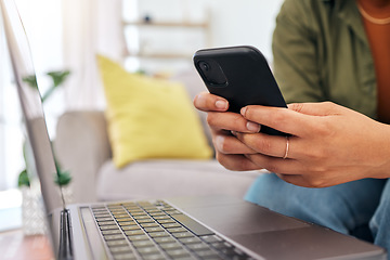 Image showing Woman, hands and phone in social media, communication or online networking in living room at home. Closeup of female person or freelancer typing, chatting or texting on mobile smartphone app in house