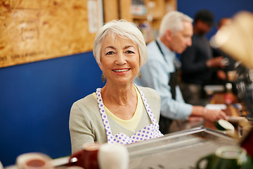 Image showing Senior woman, portrait and coffee shop owner work for retirement in a store with a smile. Elderly female, barista and cafe for a small business as a startup for profit or pension in a restaurant