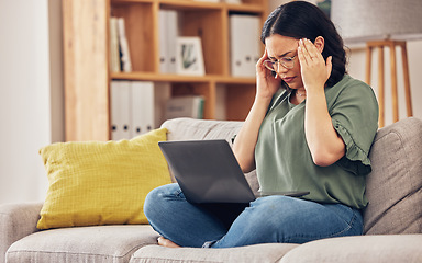 Image showing Remote work, laptop and woman with a headache, stress and exhausted with health issue, home and burnout. Female person, freelancer and journalist with a migraine, overworked and pain with fatigue