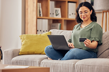 Image showing Laptop, credit card and woman of home online shopping, e commerce or fintech payment on sofa. Relax, loan and happy person on internet banking, e learning subscription and computer or web transaction