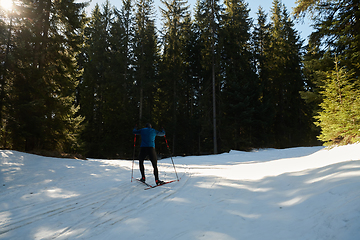 Image showing Nordic skiing or Cross-country skiing classic technique practiced by man in a beautiful panoramic trail at morning.Selective focus.