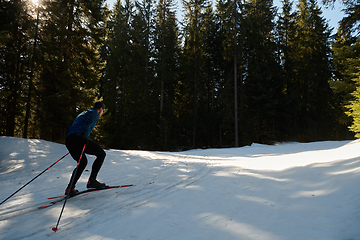 Image showing Nordic skiing or Cross-country skiing classic technique practiced by man in a beautiful panoramic trail at morning.Selective focus.