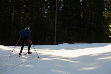 Image showing Nordic skiing or Cross-country skiing classic technique practiced by man in a beautiful panoramic trail at morning.Selective focus.