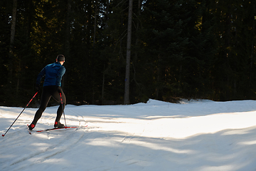 Image showing Nordic skiing or Cross-country skiing classic technique practiced by man in a beautiful panoramic trail at morning.Selective focus.