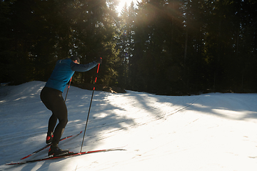 Image showing Nordic skiing or Cross-country skiing classic technique practiced by man in a beautiful panoramic trail at morning.Selective focus.