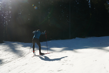 Image showing Nordic skiing or Cross-country skiing classic technique practiced by man in a beautiful panoramic trail at morning.Selective focus.