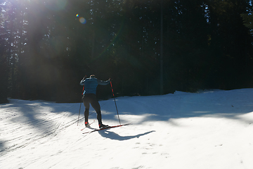 Image showing Nordic skiing or Cross-country skiing classic technique practiced by man in a beautiful panoramic trail at morning.Selective focus.