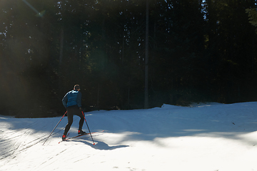 Image showing Nordic skiing or Cross-country skiing classic technique practiced by man in a beautiful panoramic trail at morning.Selective focus.