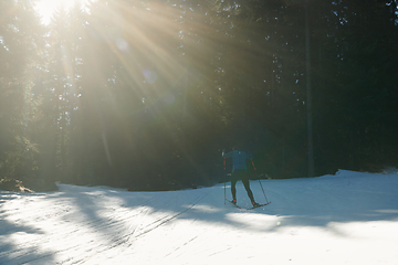 Image showing Nordic skiing or Cross-country skiing classic technique practiced by man in a beautiful panoramic trail at morning.Selective focus.