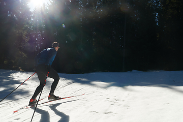 Image showing Nordic skiing or Cross-country skiing classic technique practiced by man in a beautiful panoramic trail at morning.Selective focus.