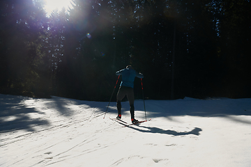 Image showing Nordic skiing or Cross-country skiing classic technique practiced by man in a beautiful panoramic trail at morning.Selective focus.