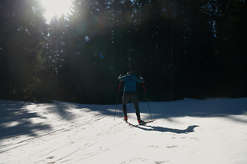 Image showing Nordic skiing or Cross-country skiing classic technique practiced by man in a beautiful panoramic trail at morning.Selective focus.