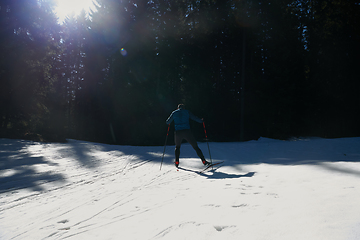 Image showing Nordic skiing or Cross-country skiing classic technique practiced by man in a beautiful panoramic trail at morning.Selective focus.