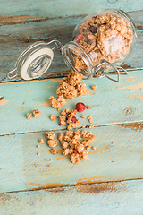 Image showing Glass jar with healthy breakfast cereal 