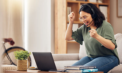 Image showing Laptop, winner and woman for e learning, work from home opportunity and student goals, achievement or college news. Yes, success or excited young person reading university information and celebration