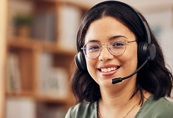 Image showing Customer service, call center and portrait of a woman in the office with a headset working on an online consultation. Happy, smile and professional female telemarketing consultant in the workplace.