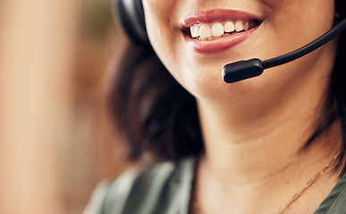Image showing Call center, mouth and happy woman, consultant or advisor talking, virtual communication or technical support. Insurance agent, person and speaking on headphones, helping and customer service closeup