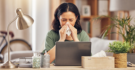 Image showing Remote work from home, sneeze and woman with a laptop, virus and illness with disease. Female person, freelancer and entrepreneur blowing her nose, covid and flu with online consultation with doctor