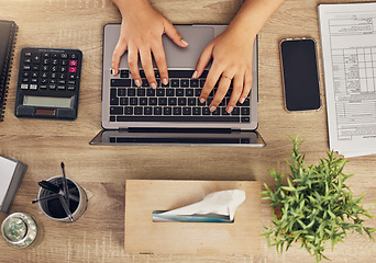 Image showing Laptop, calculator and business person hands for financial application, taxes management and accounting online. computer, finance data and accountant or worker with company or audit information above