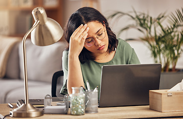 Image showing Remote work from home, laptop and woman with a headache, stress and exhausted with health issue. Female person, freelancer or entrepreneur with a migraine, burnout and overworked with pain or fatigue