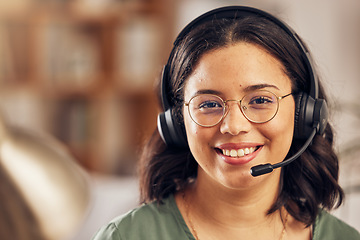 Image showing Woman, portrait and call center for work from home office with smile, headphones and mic for crm communication. Customer service, tech support and agent for contact us, help desk or telemarketing job