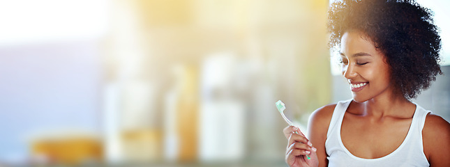 Image showing Dental, mockup and smile with black woman and toothbrush for brushing teeth, oral hygiene and self care. Cosmetics, health and happy with girl for cleaning, glow and whitening treatment in bathroom
