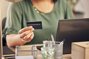 Image showing Hands, credit card and laptop on desk, payment and home office for online shopping, sale and banking on internet. Woman, pc and fintech app for cyber security, discount or deal with e commerce store