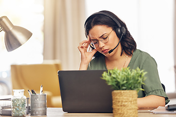 Image showing Remote work, laptop and woman with a headache, headphones and fatigue with health issue. Female person, freelancer and telemarketing agent with a migraine, burnout and overworked with pain and tired