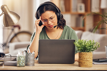 Image showing Woman, headache and call center for work from home office with stress, headphones or mic for crm with laptop. Customer care, tech support agent or tired for contact us, help desk or telemarketing job